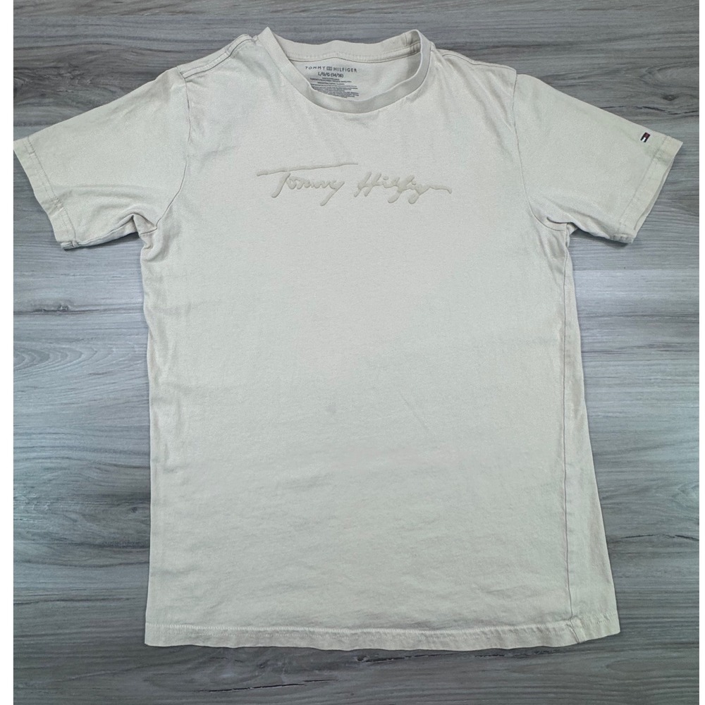 Tommy Hilfiger Boys Tan Beige 3D Puff Script Logo T-Shirt‎ Size L 14/16